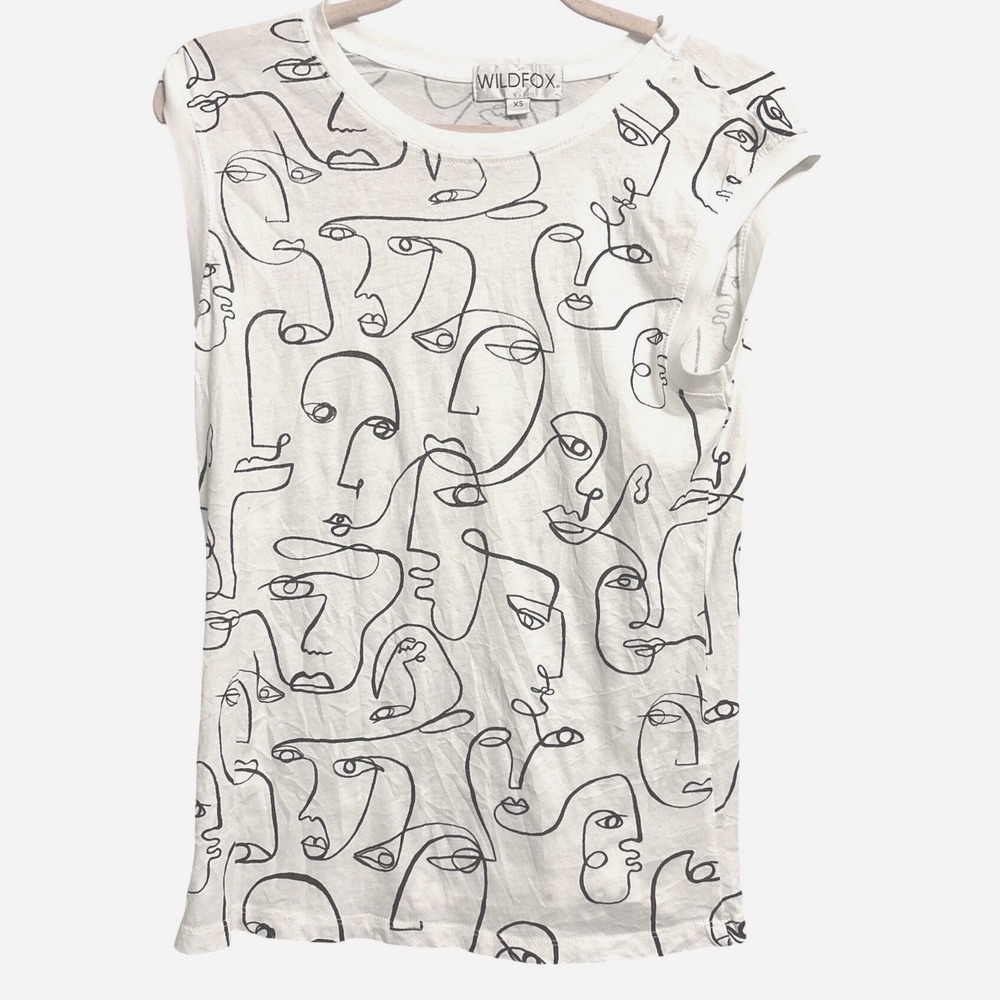Wildfox Abstract Line Art Face Print Muscle Tank Top White Black XS